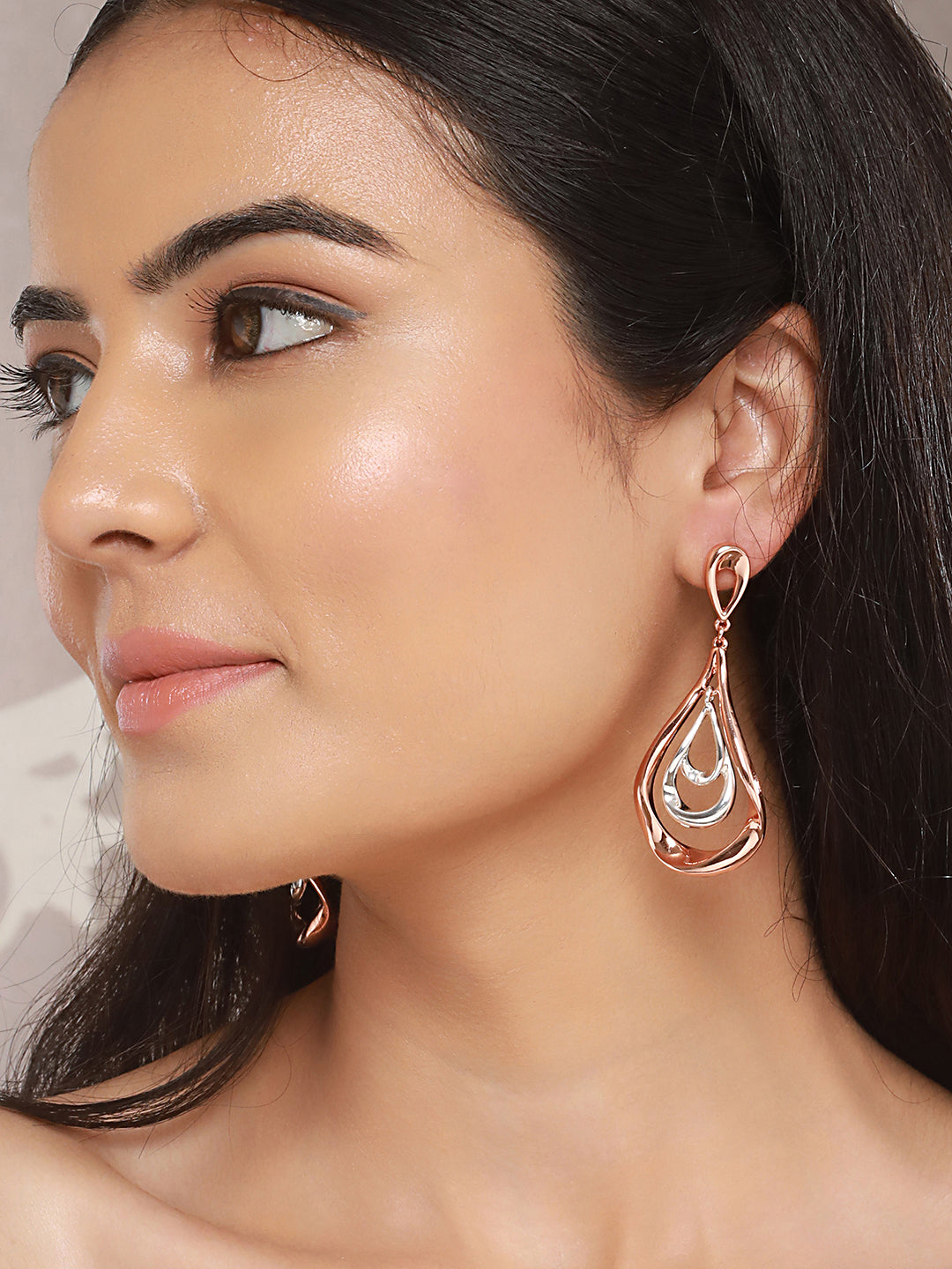 Anti-Tarnish Rose Gold Plated Pear Shaped Concentric Drop Earrings
