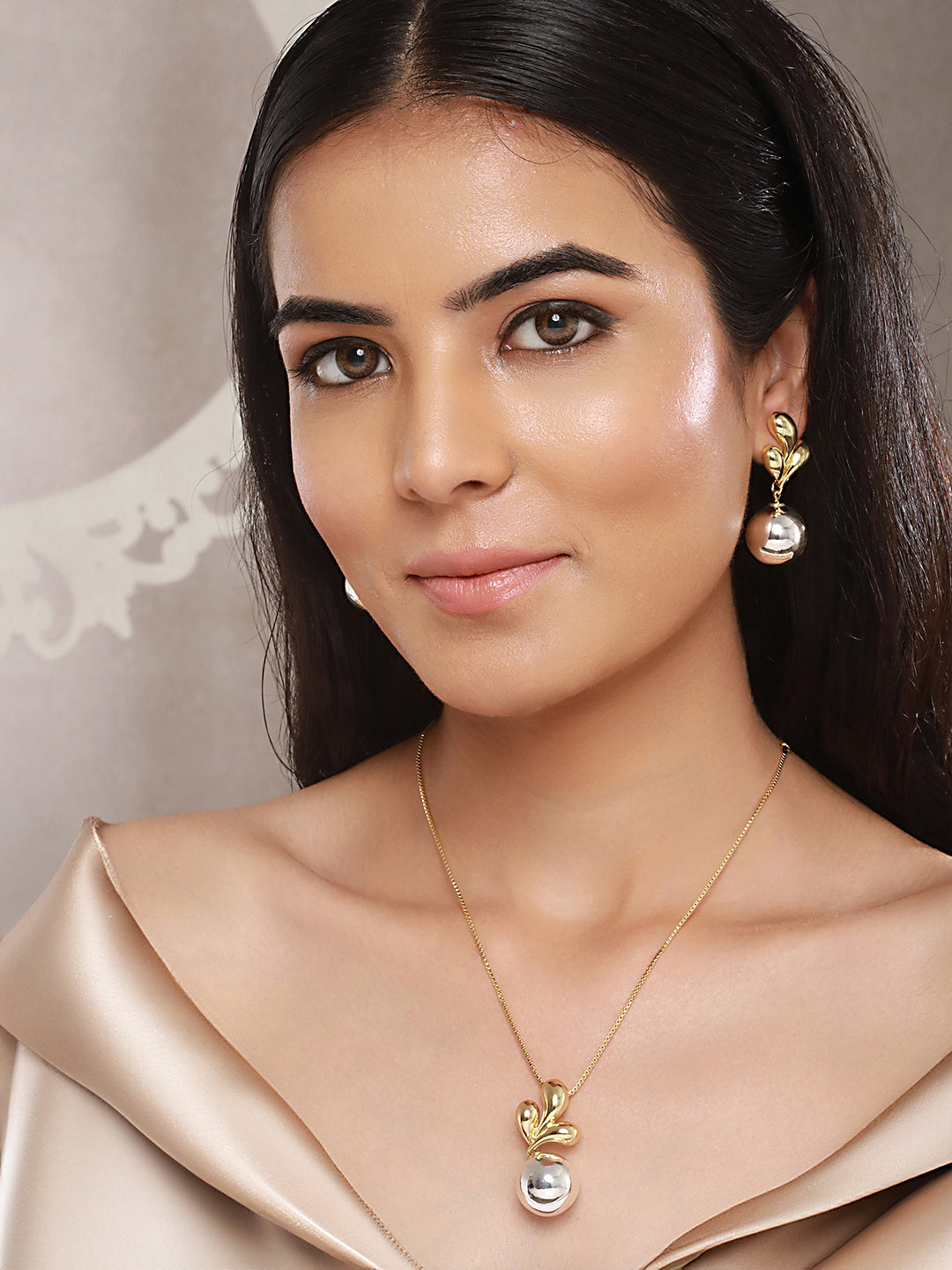 Anti-Tarnish Gold & Silver Plated Leafy Chunky Earrings & Locket Jewellery Set