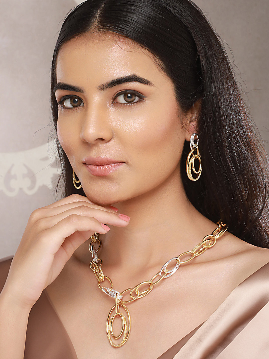 Anti-Tarnish Dual Plated Interlocking Hoop Chain Necklace Jewellery Set