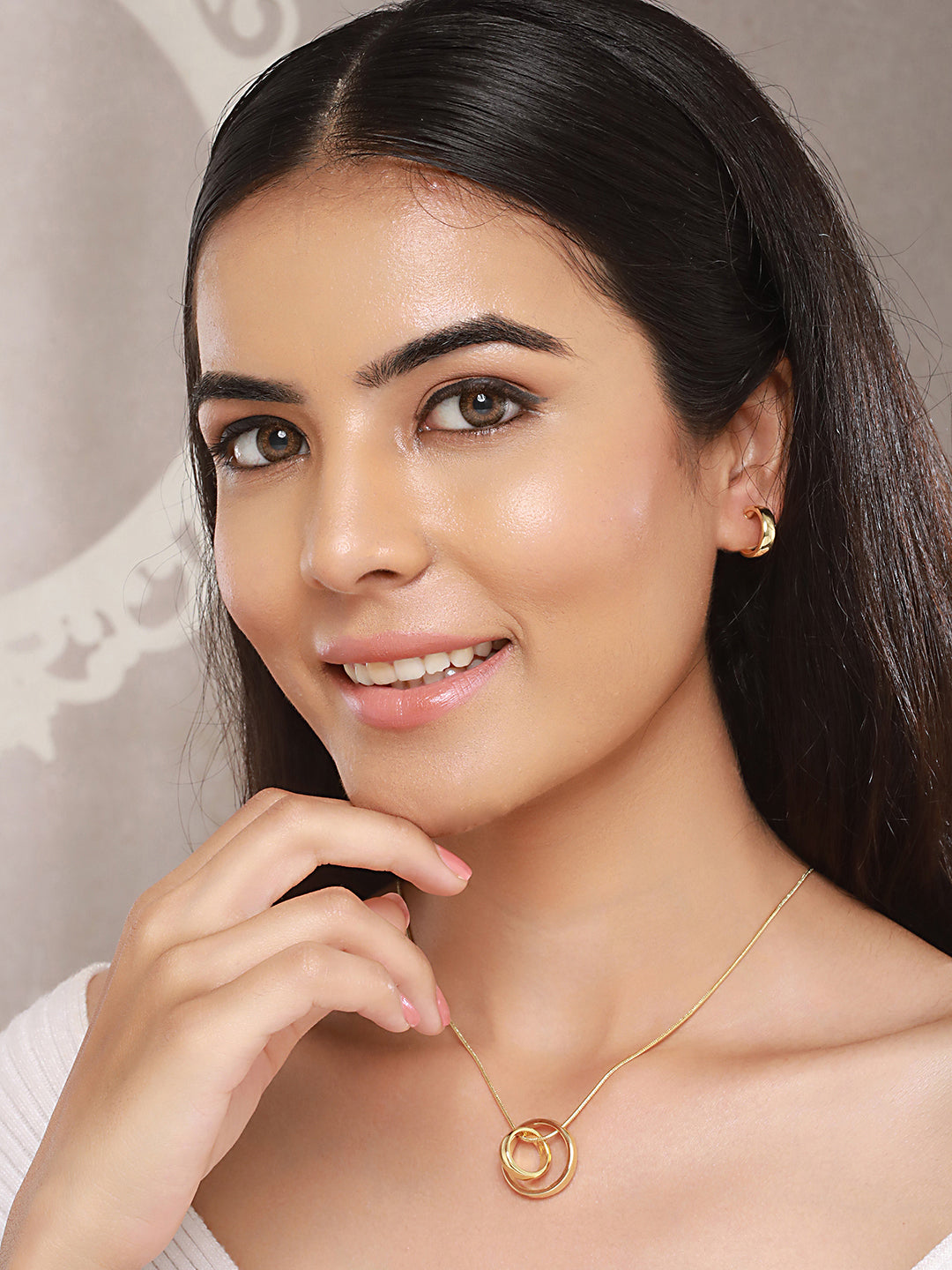 Anti-Tarnish Gold Plated Ring Pendant & Hoops Earrings Jewellery Set