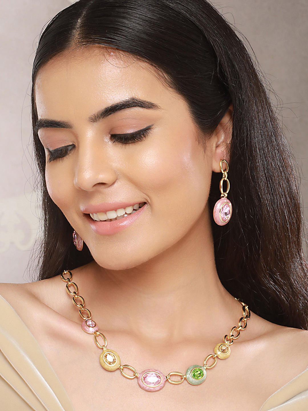 Anti-Tarnish Gold Plated Crystal Studded Link Chain Necklace jewellery Set