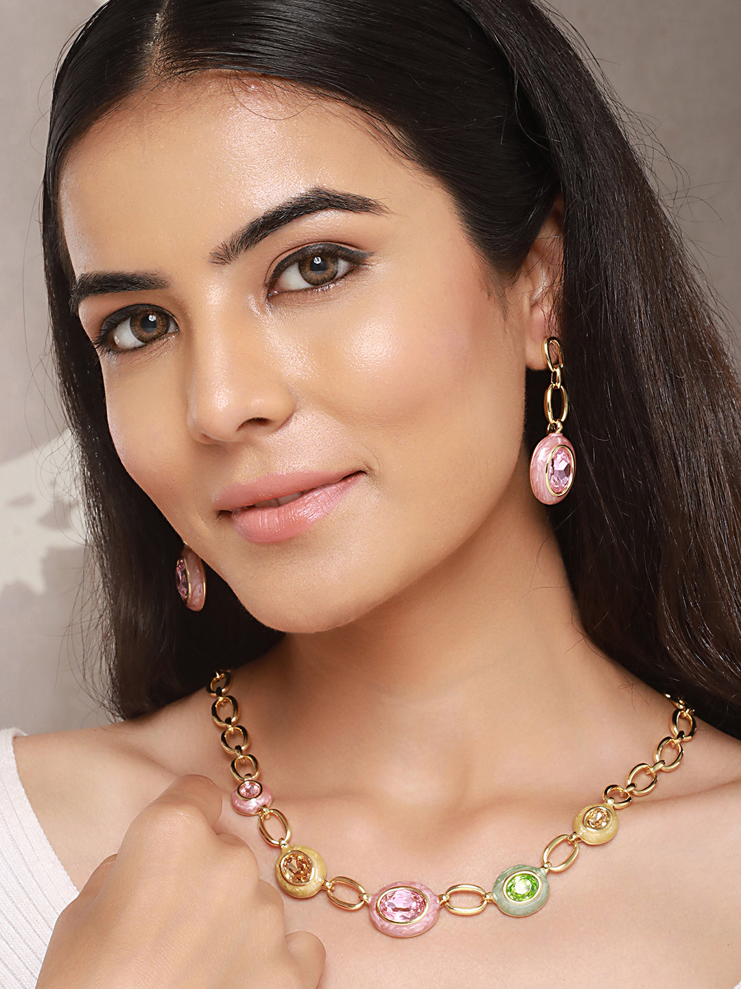 Anti-Tarnish Gold Plated Crystal Studded Link Chain Necklace jewellery Set