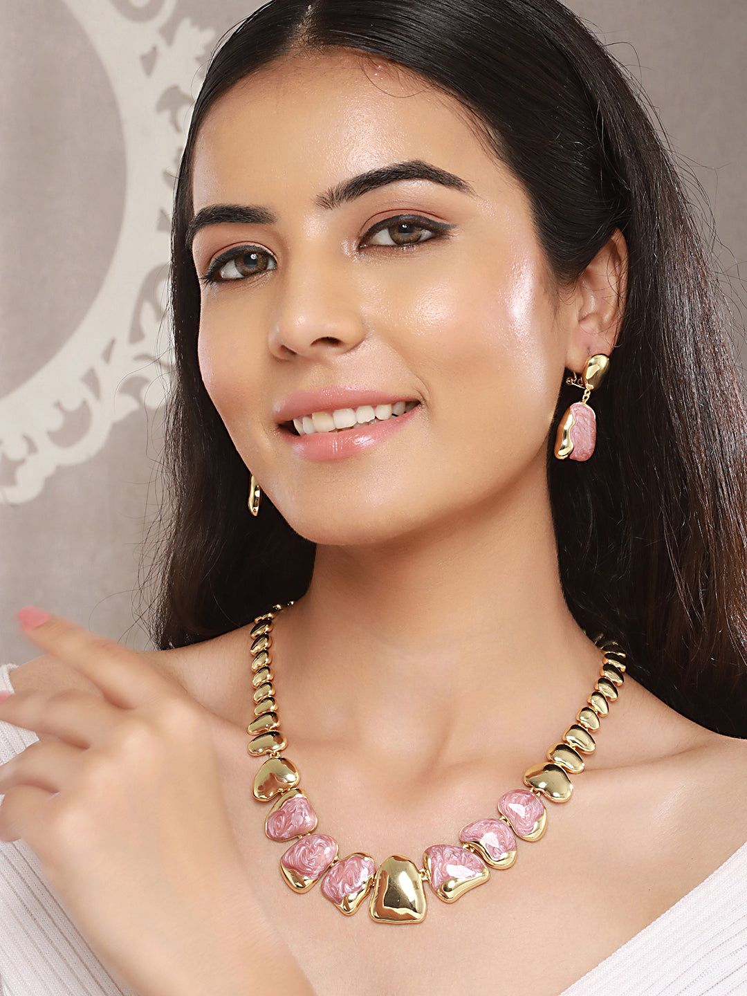 Anti-Tarnish Gold Plated Pink Enamelled Minimal Luxe Jewellery Set