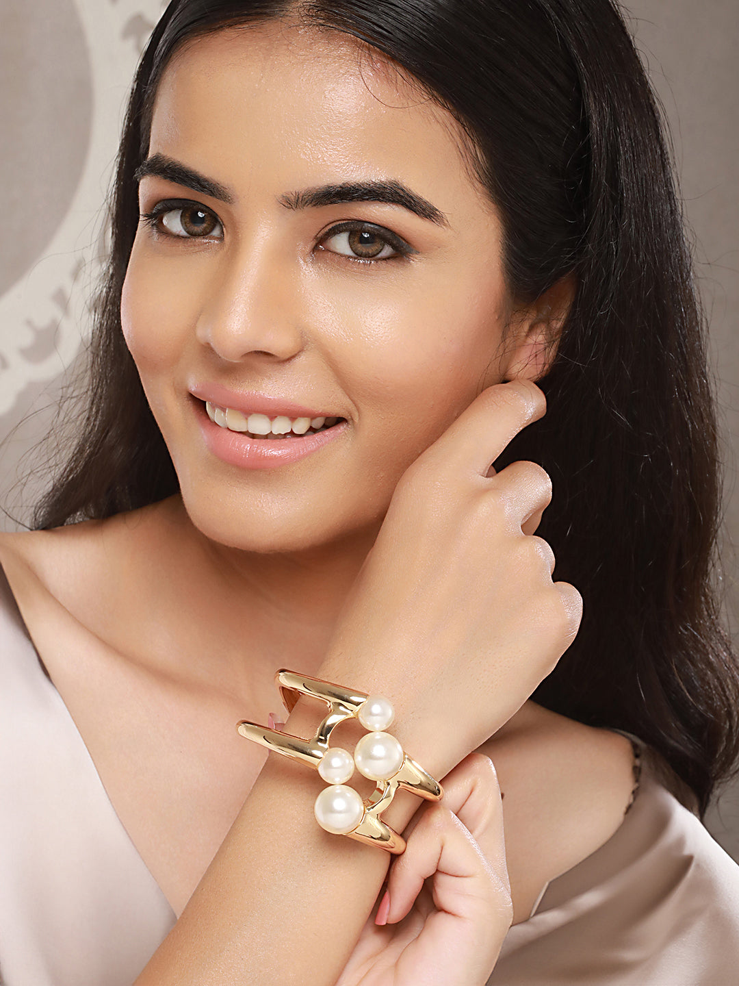 Anti-Tarnish Gold Plated Big Pearl Studded Cuff Kada Bracelet