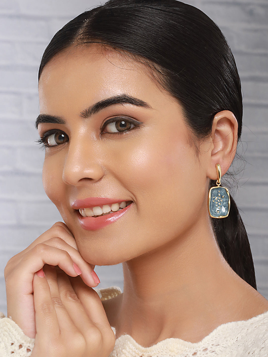 Anti-Tarnish 18k Gold Plated Grey Enamelled Golden Dot Drop Earrings