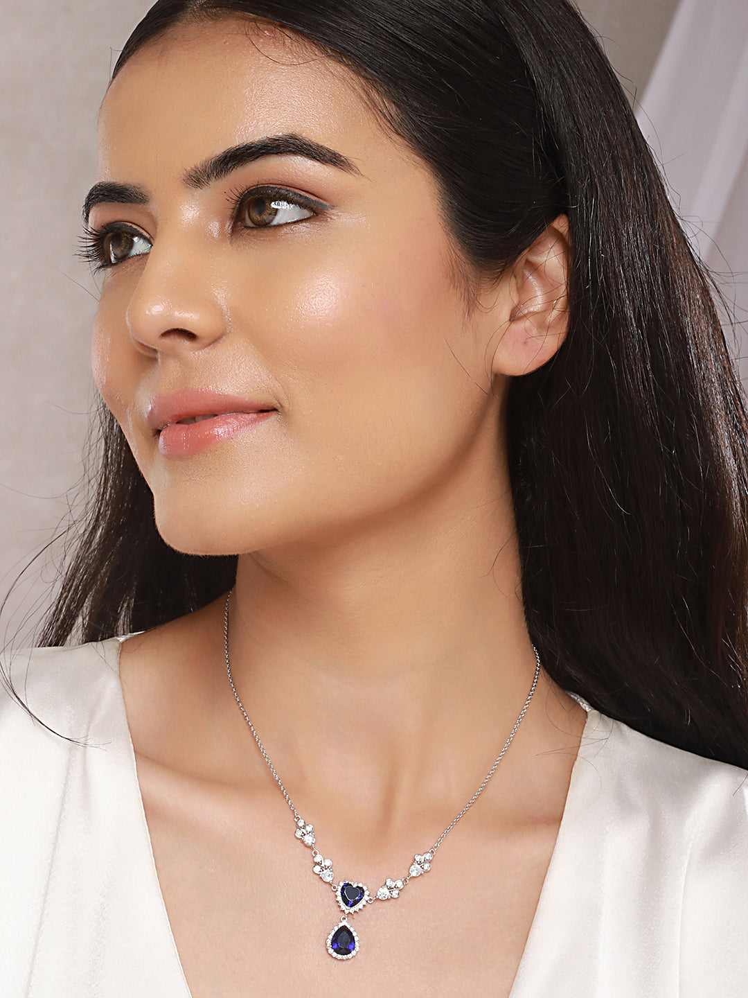 Anti-Tarnish Silver Plated Blue Sapphire AD Heart Shaped Minimal  Pendant Chain Necklace