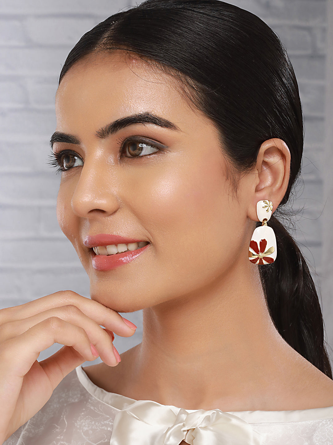 Anti-Tarnish Gold Plated & Enamelled Leaf Design Luxe Drop Earrings