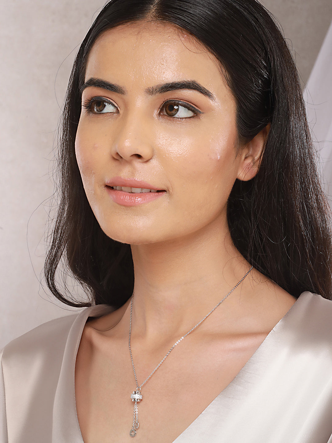 Anti-Tarnish Silver Plated CZ Tassel Crown Pendant Chain Necklace