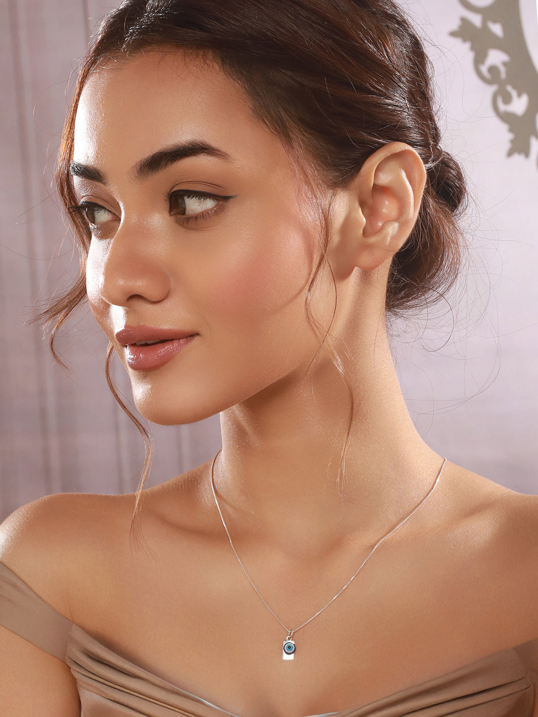 925 Sterling silver Rhodium Plated Bar Evil Eye Charm Pendant Necklace & Chain