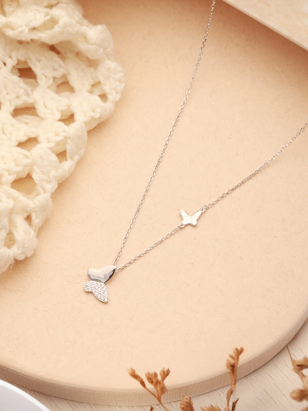 925 Sterling Silver Zircon Studded Butterfly Charm Pendant Necklace & Chain