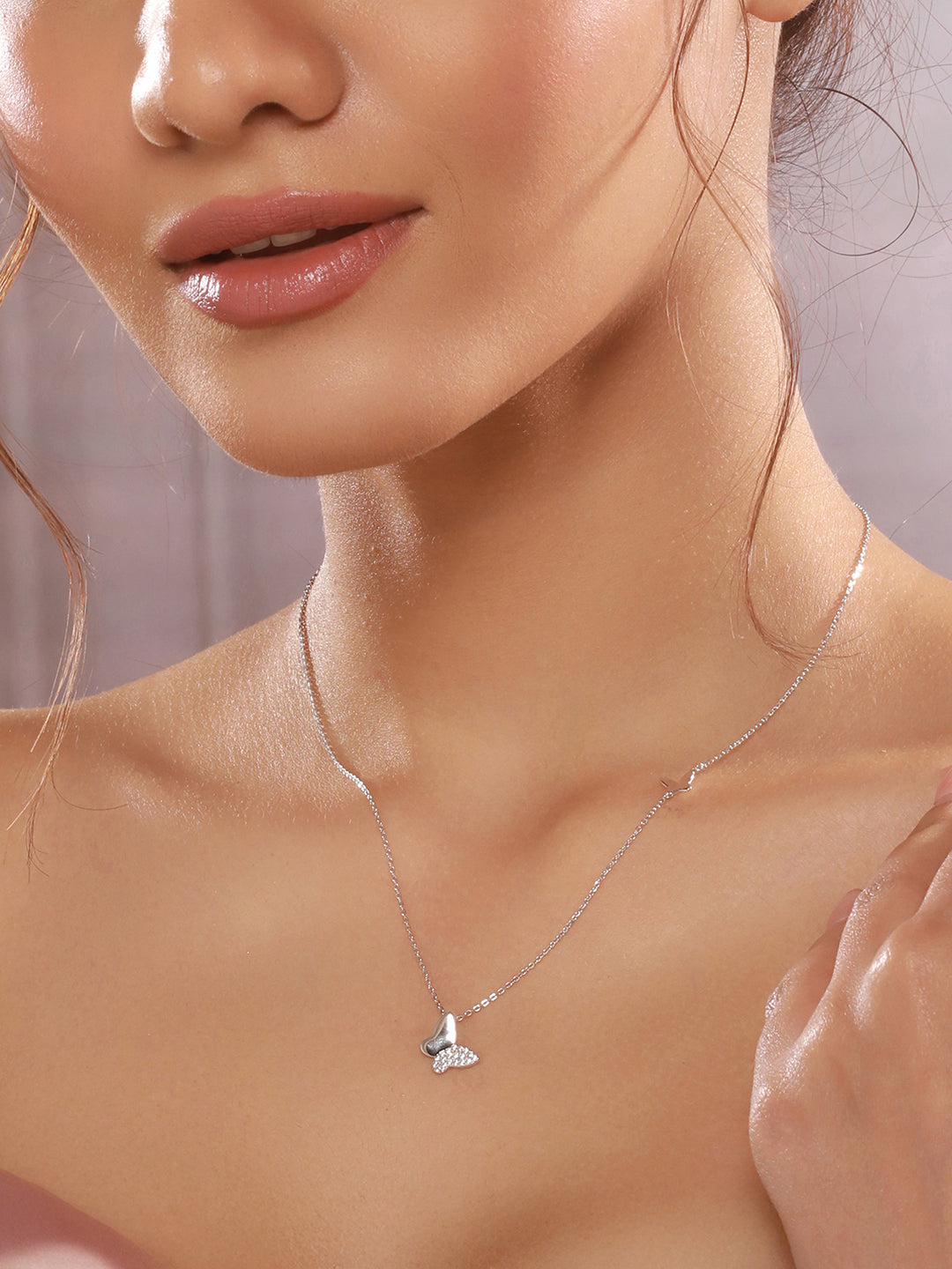 925 Sterling Silver Zircon Studded Butterfly Charm Pendant Necklace & Chain