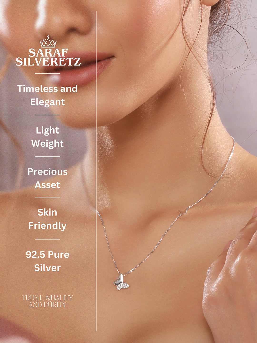 925 Sterling Silver Zircon Studded Butterfly Charm Pendant Necklace & Chain