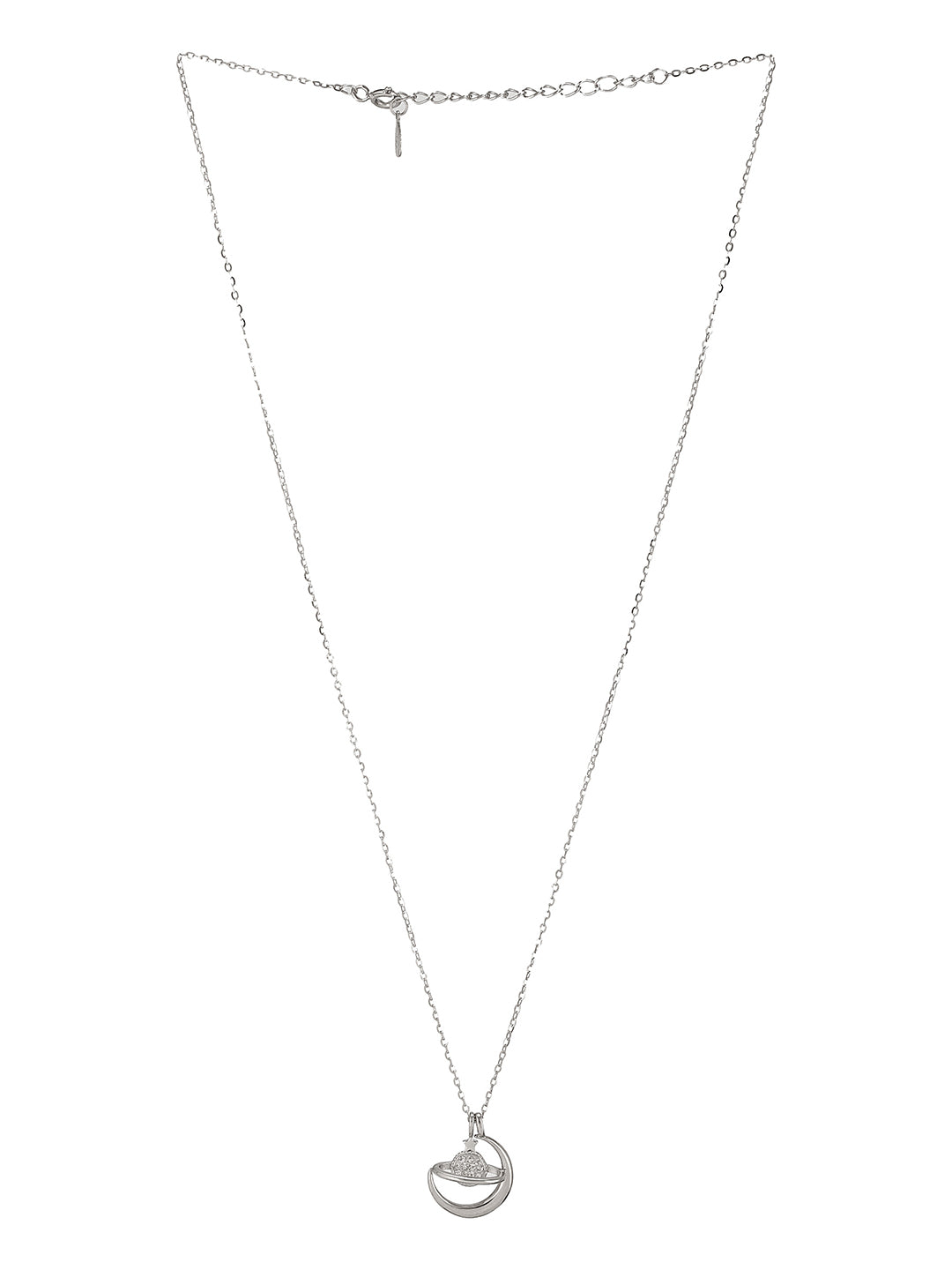 925 Sterling Silver Rhodium Plated Zircon Studded Saturn Cosmic Pendant Necklace & chain