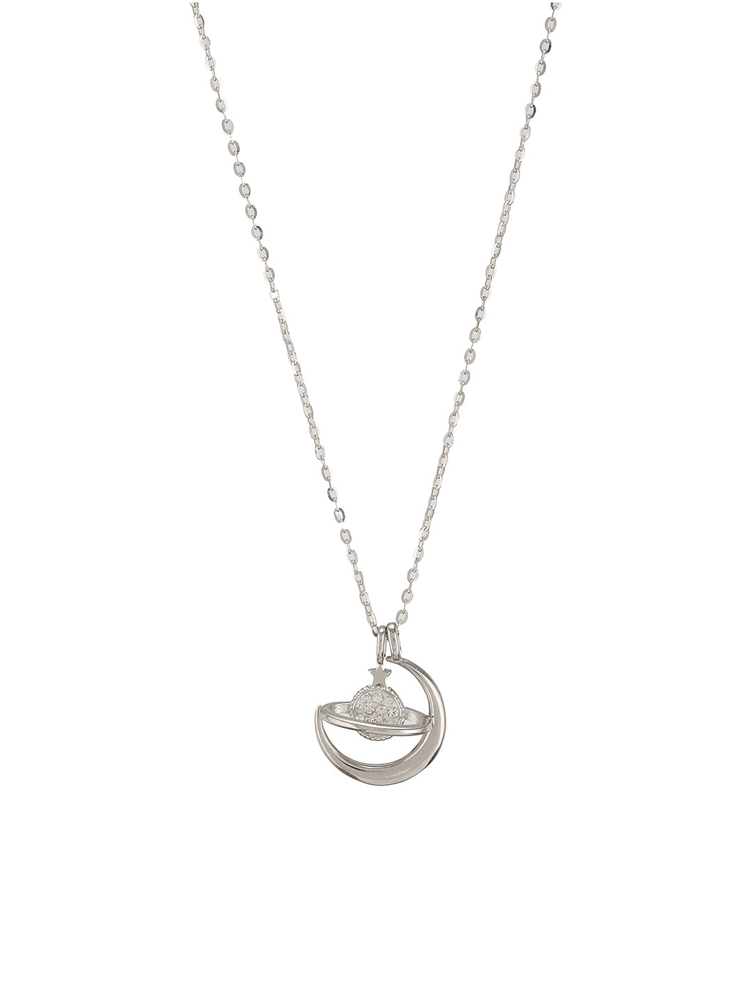 925 Sterling Silver Rhodium Plated Zircon Studded Saturn Cosmic Pendant Necklace & chain