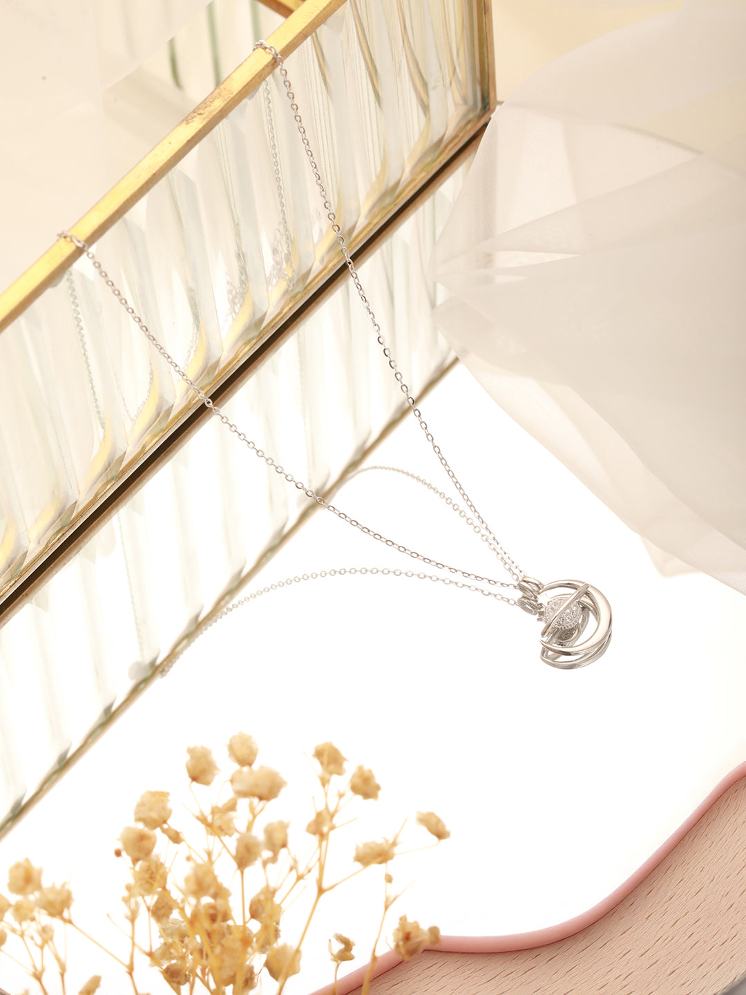 925 Sterling Silver Rhodium Plated Zircon Studded Saturn Cosmic Pendant Necklace & chain