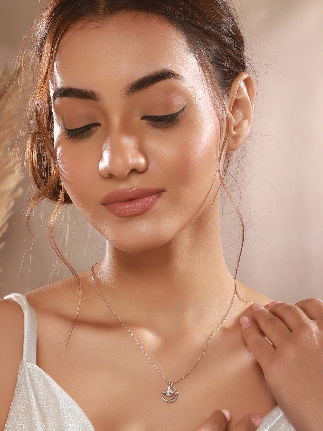 925 Sterling Silver Rhodium Plated Zircon Studded Saturn Cosmic Pendant Necklace & chain