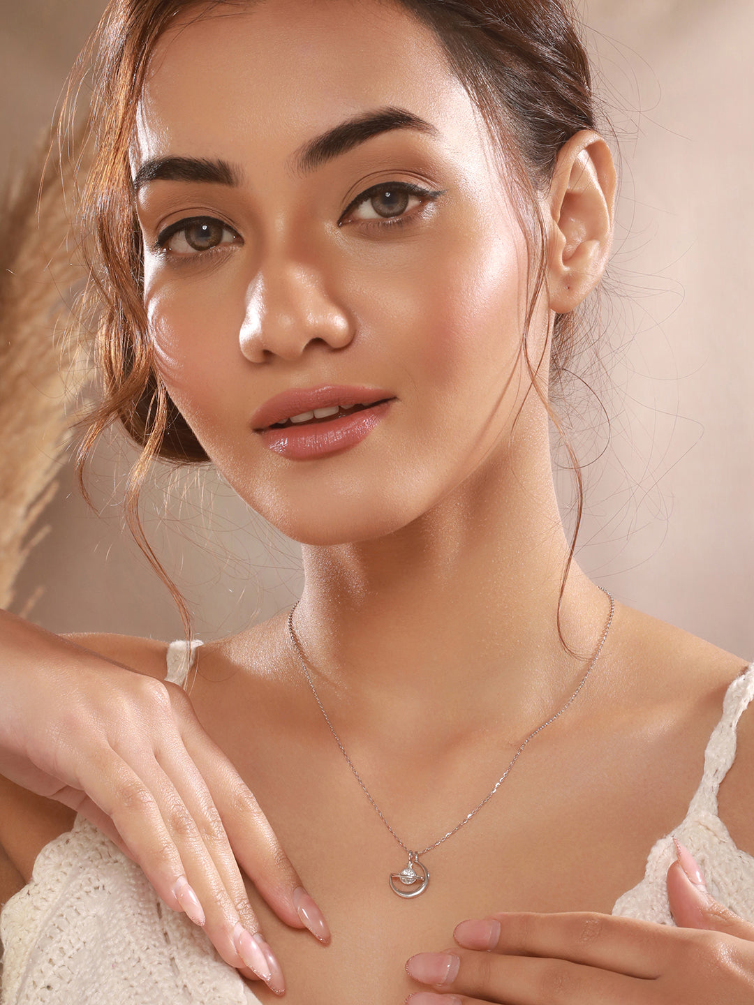 925 Sterling Silver Rhodium Plated Zircon Studded Saturn Cosmic Pendant Necklace & chain