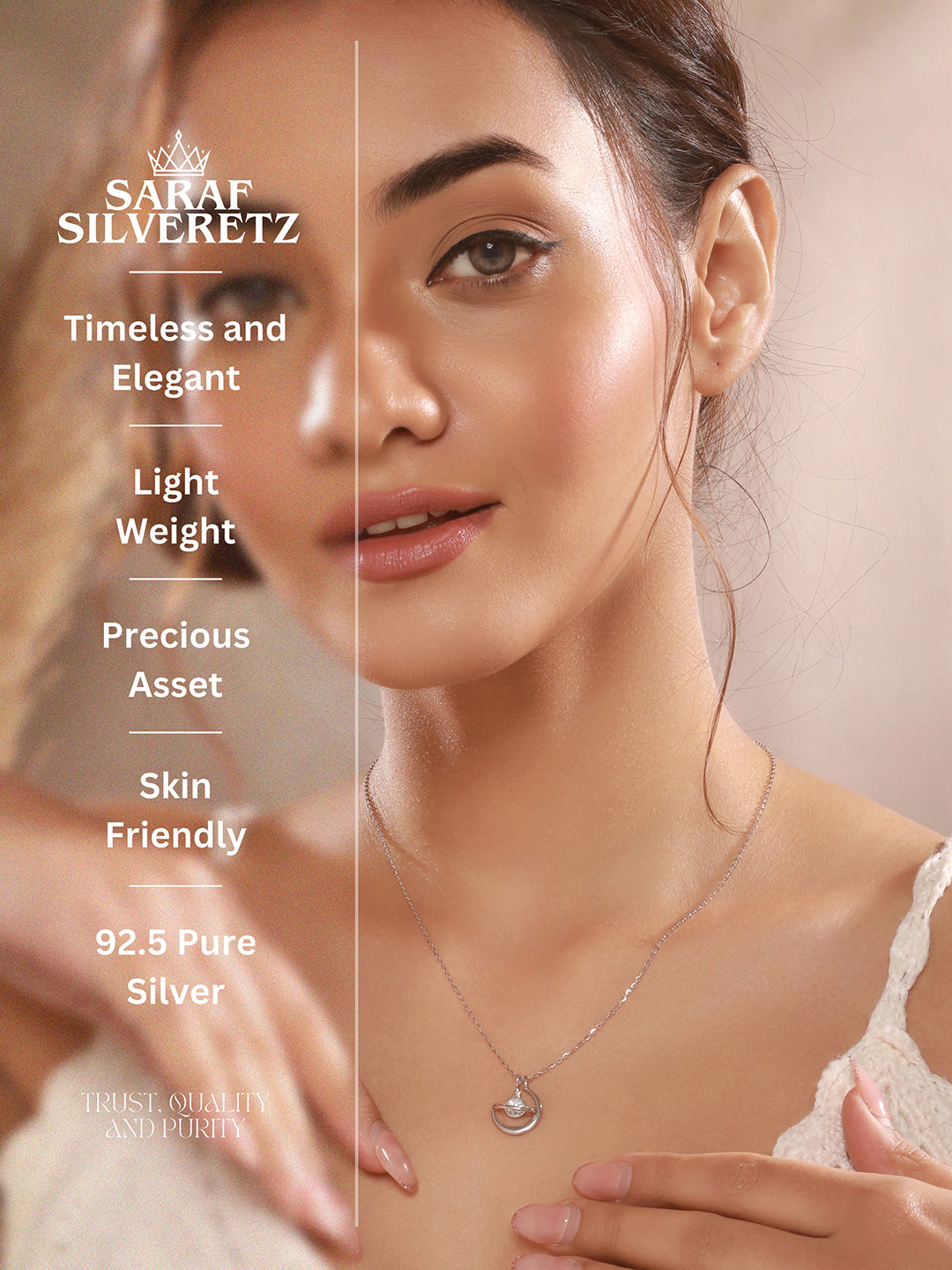 925 Sterling Silver Rhodium Plated Zircon Studded Saturn Cosmic Pendant Necklace & chain