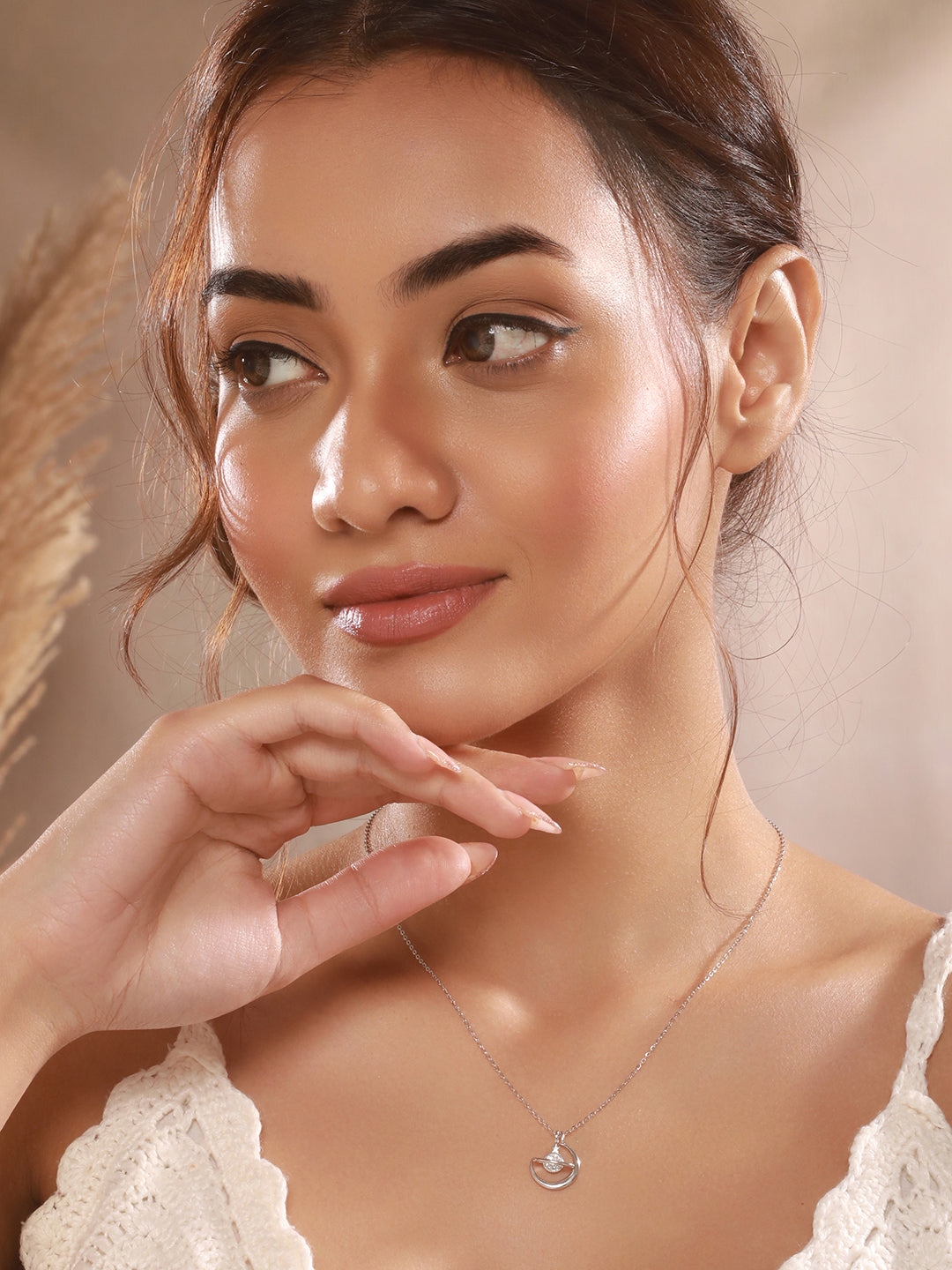 925 Sterling Silver Rhodium Plated Zircon Studded Saturn Cosmic Pendant Necklace & chain