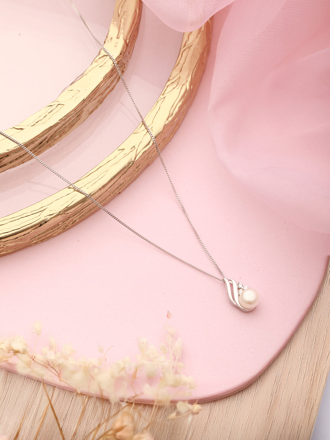 925 Sterling Silver Zircon & Pearl Embellished Delicate Pendant Neckalace & Chain