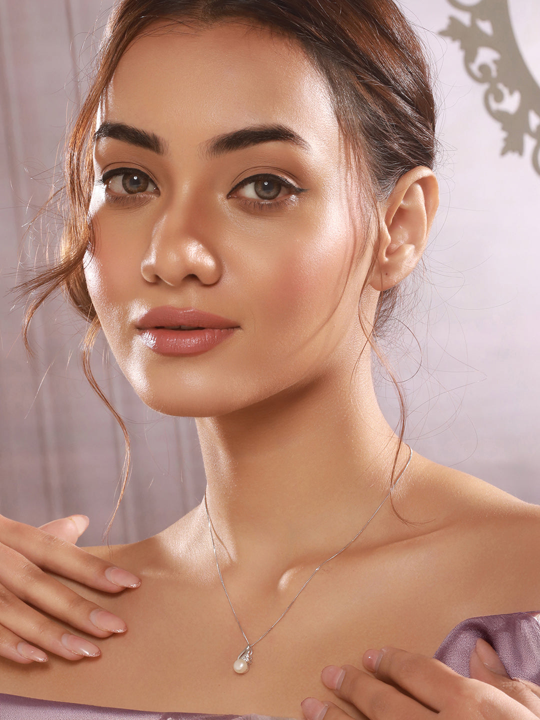 925 Sterling Silver Zircon & Pearl Embellished Delicate Pendant Neckalace & Chain