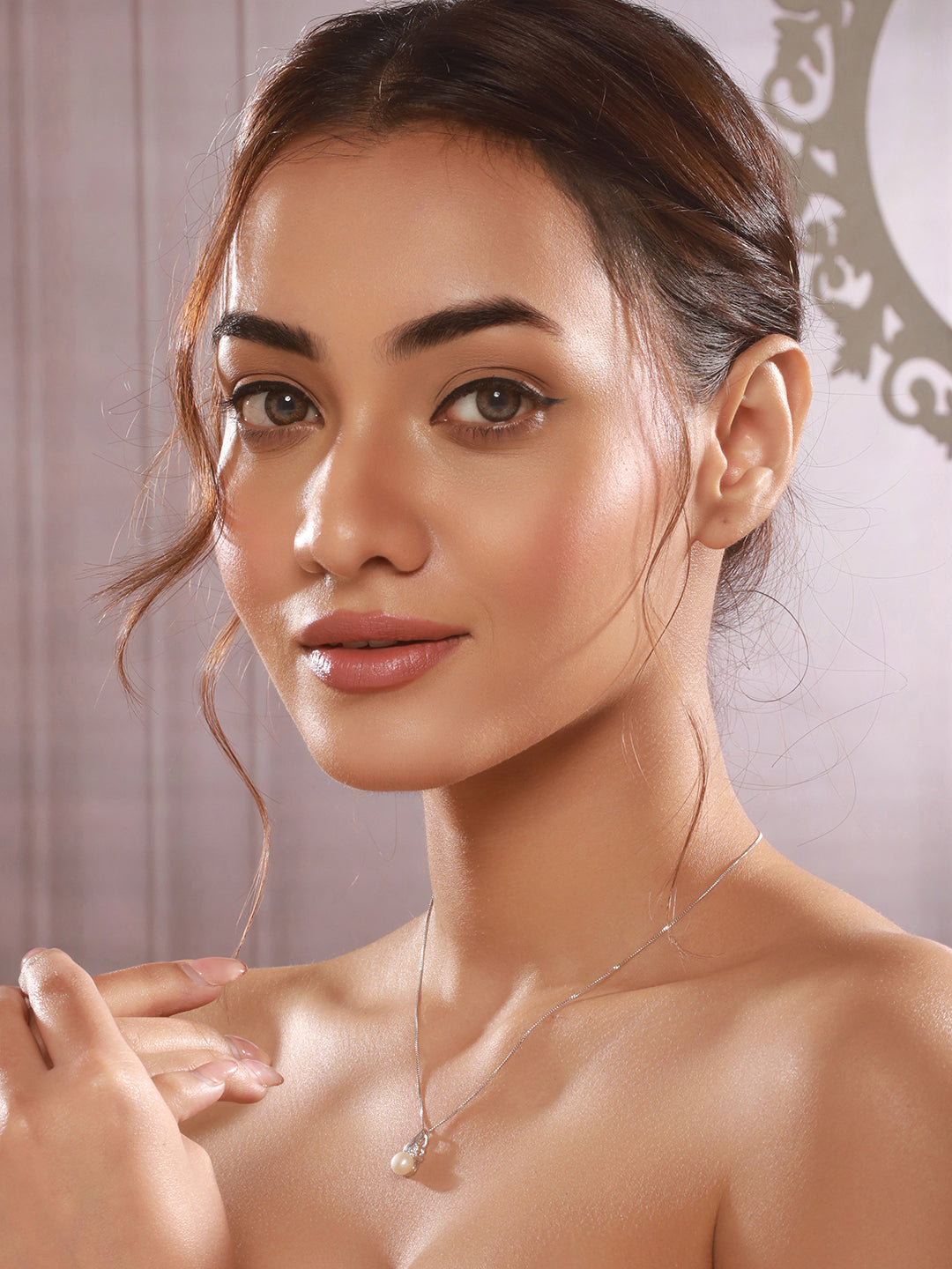 925 Sterling Silver Zircon & Pearl Embellished Delicate Pendant Neckalace & Chain