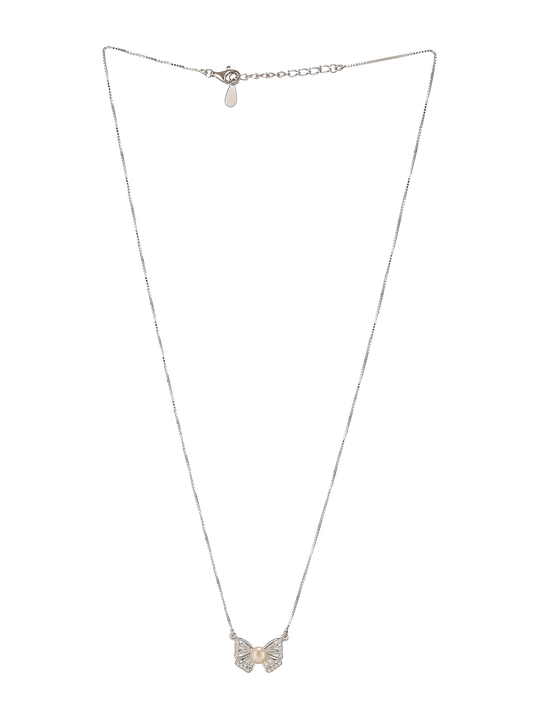 925 Sterling Silver Rhodium Plated Zircon & Pearl  Bow Shaped Pendant Necklace & Chain