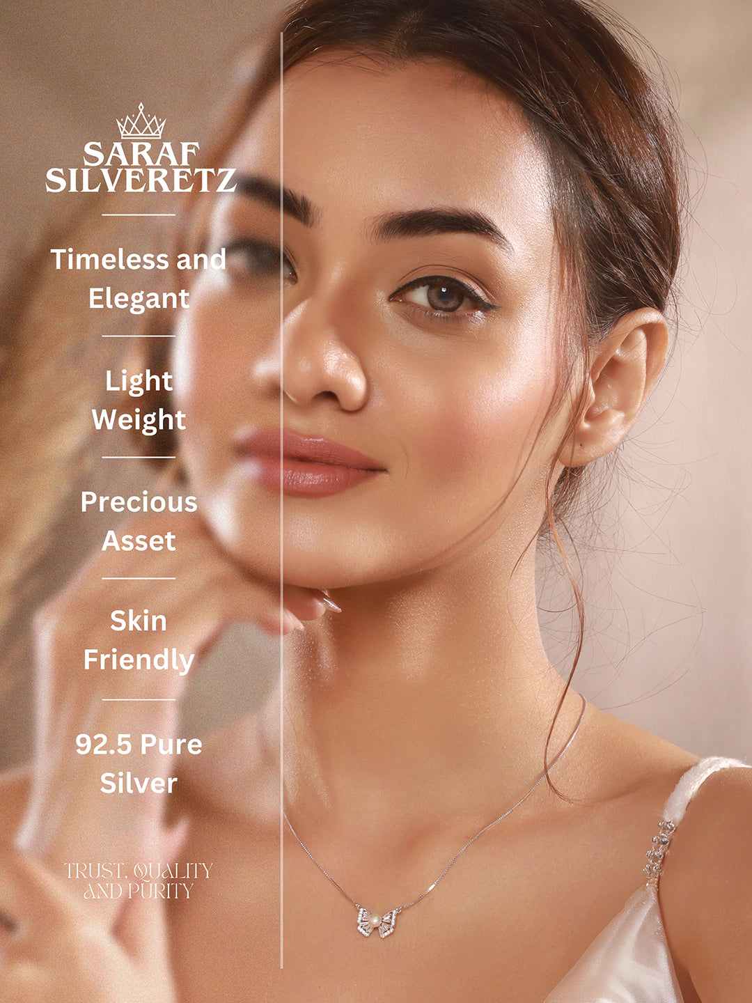 925 Sterling Silver Rhodium Plated Zircon & Pearl  Bow Shaped Pendant Necklace & Chain