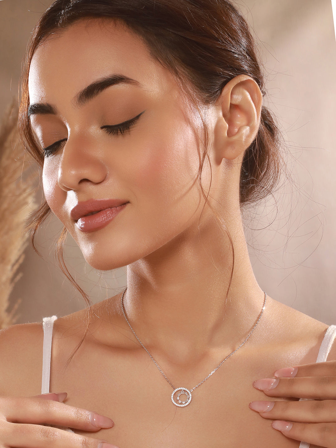 925 Sterling  Silver Rhodium Plated Crystals Studded  Halo Baguette Ring Necklace & Chain