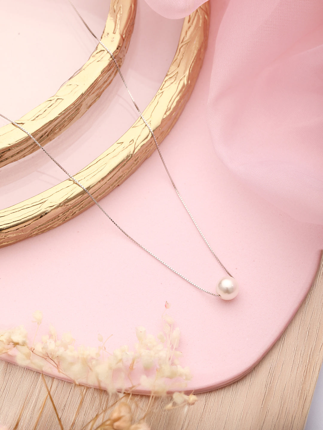 925 Sterling Silver Freshwater Faux Pearl Rhodium Plated Necklace & Chain