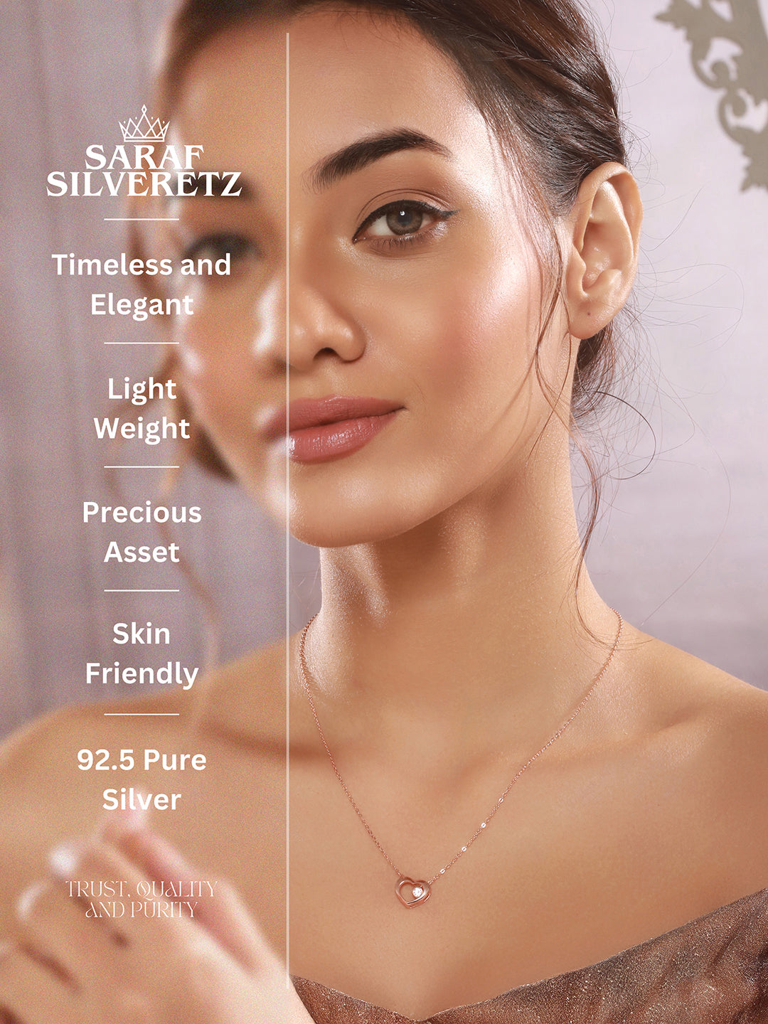 925 Sterling Silver Rose Gold Plated Minimal  Charms Heart Pendant Necklace & Chain