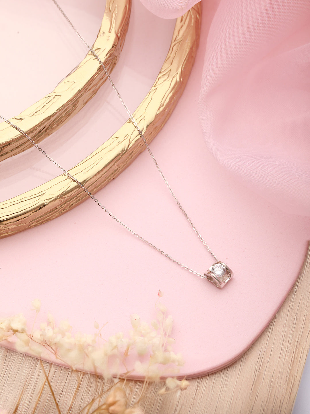 925 Sterling Silver Rhodium Plated Zircon Stylish Square Solitaire Pendant Neckalce & Chain