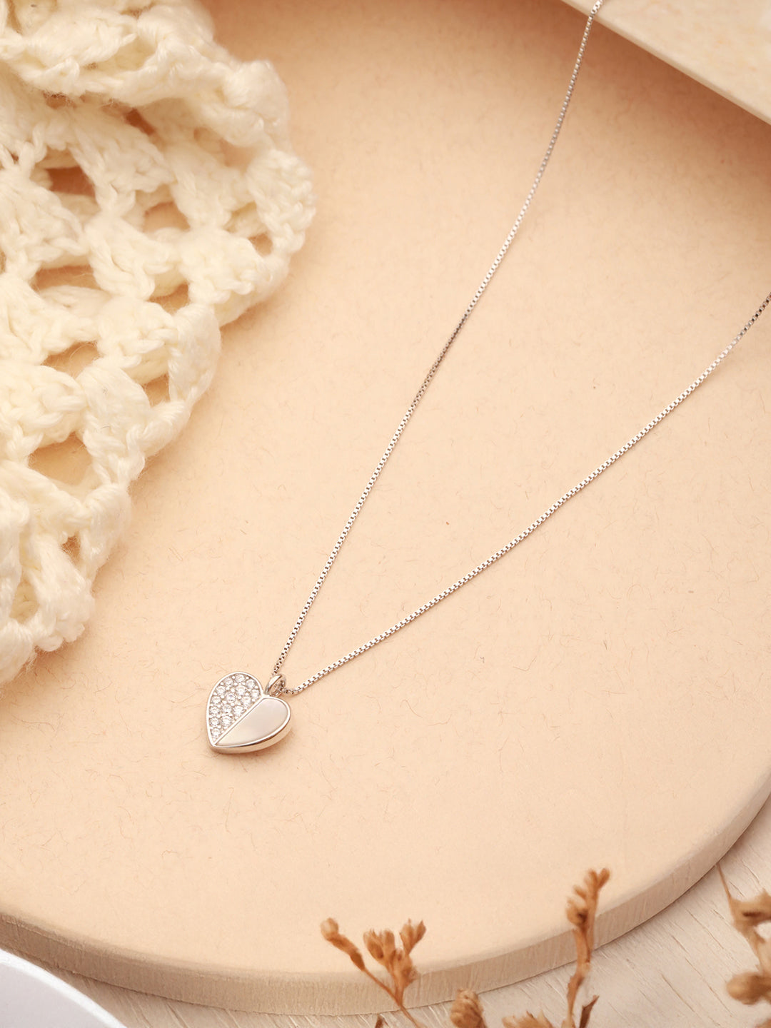 925 Sterling Silver Rhodium Plated Heart Enamelled & Zircon Studded Pendant Necklace & Chain