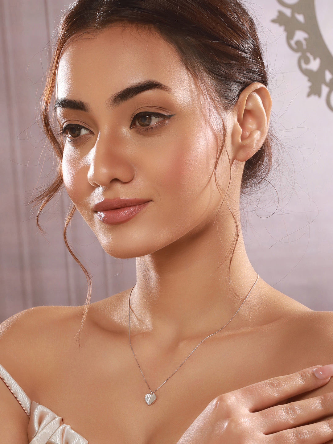 925 Sterling Silver Rhodium Plated Heart Enamelled & Zircon Studded Pendant Necklace & Chain