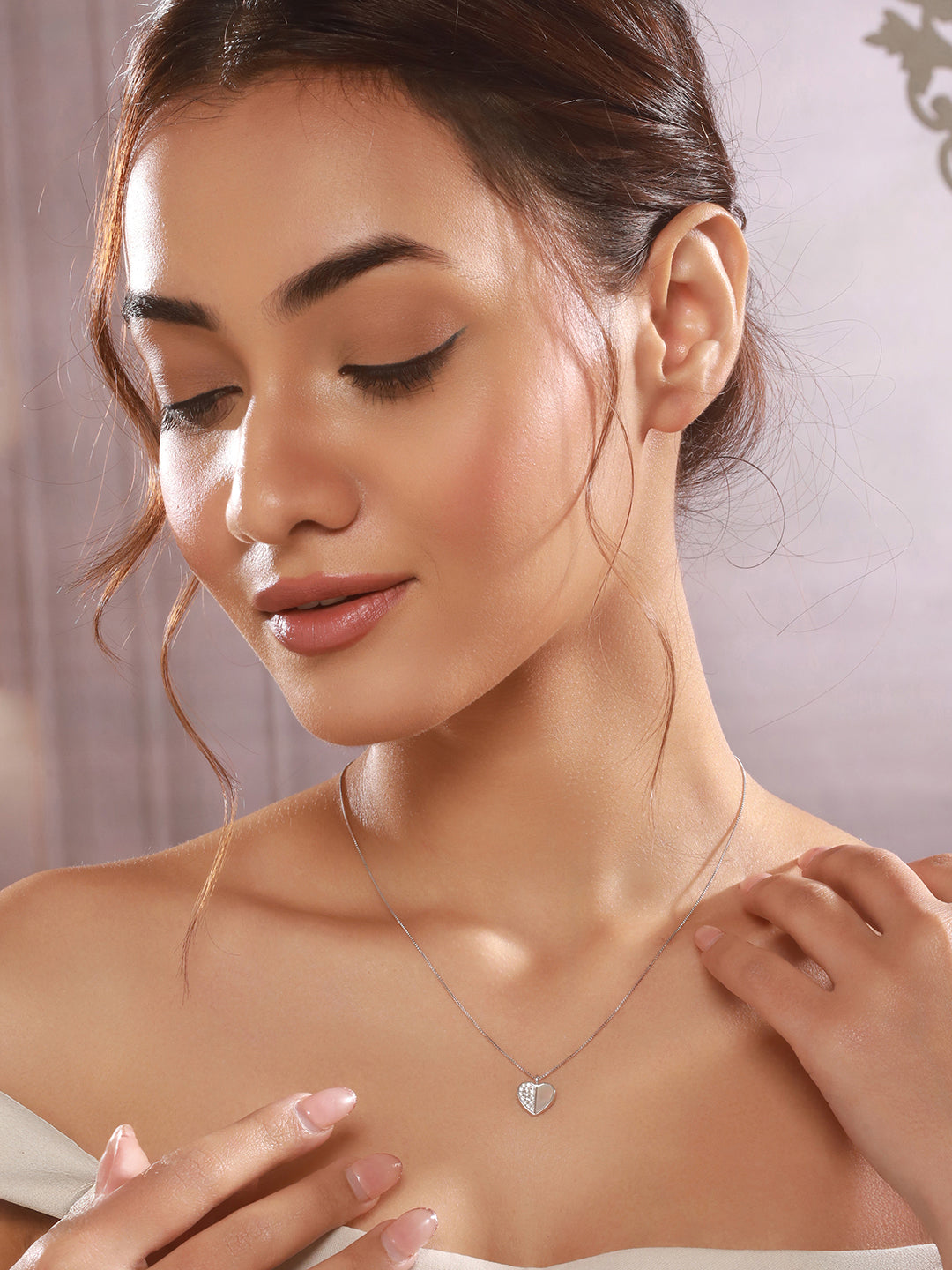 925 Sterling Silver Rhodium Plated Heart Enamelled & Zircon Studded Pendant Necklace & Chain