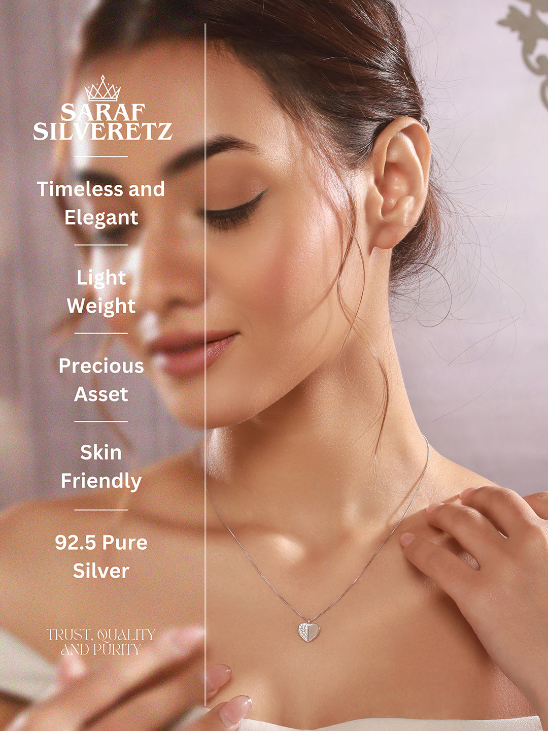 925 Sterling Silver Rhodium Plated Heart Enamelled & Zircon Studded Pendant Necklace & Chain