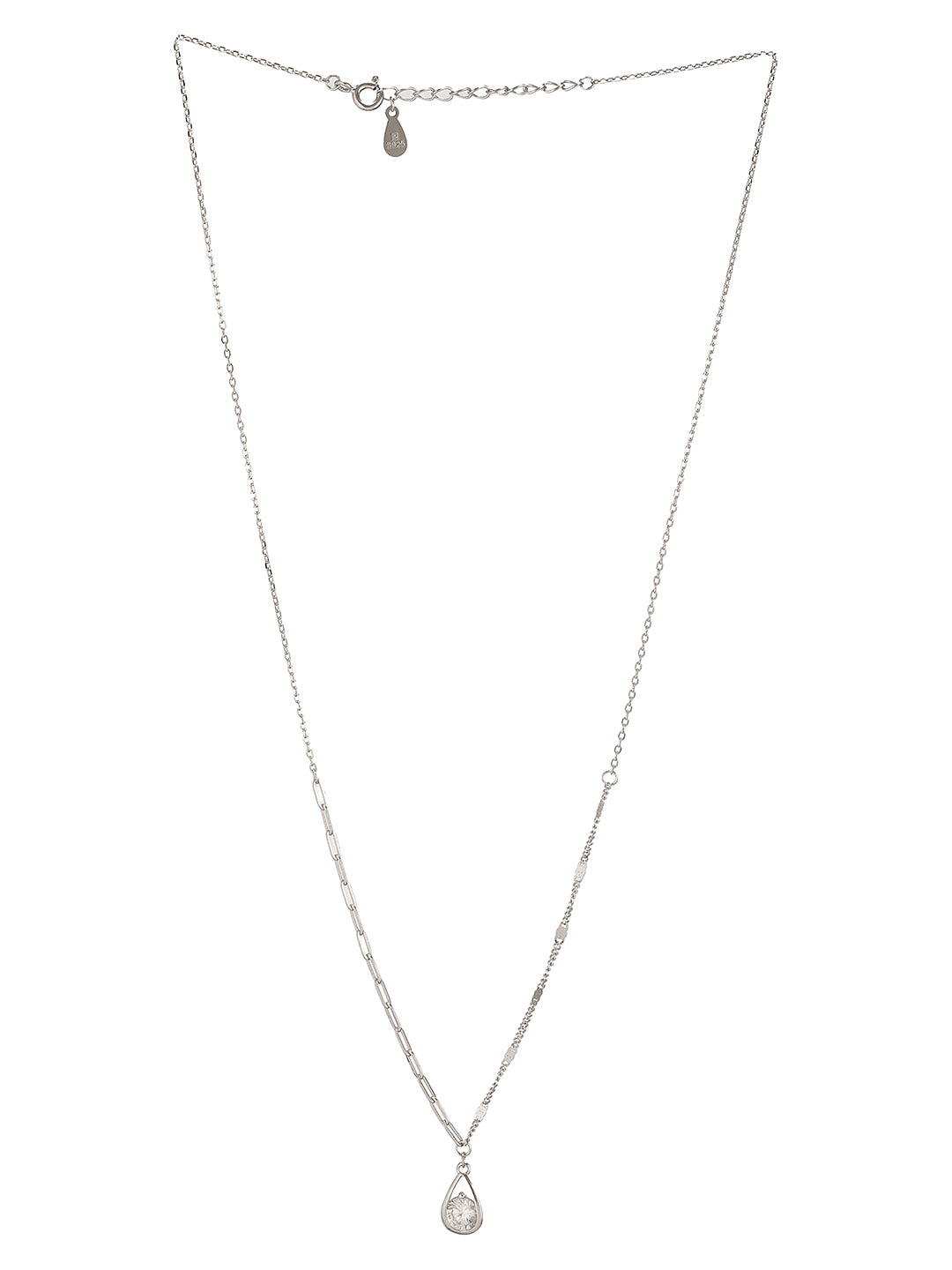 925 Sterling Silver Tear Drop Shaped Solitaire Zircon Pendant Necklace & Chain