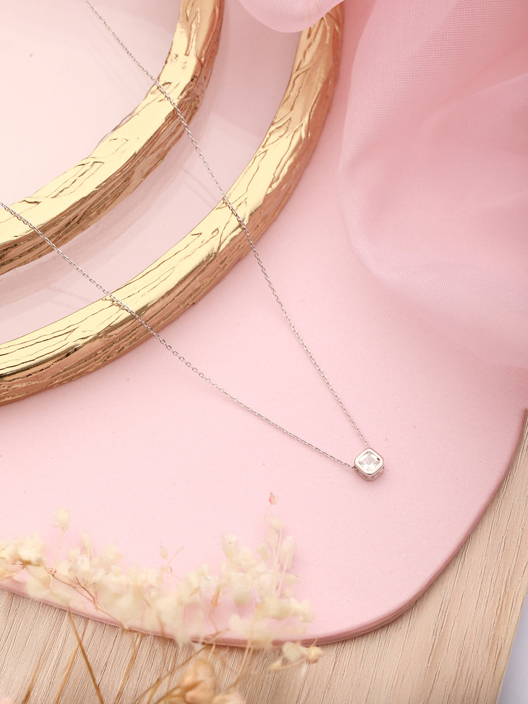 925 Sterling Silver Rhodium Plated Halo Square  Solitaire Minimal Pendant Necklace & Chain