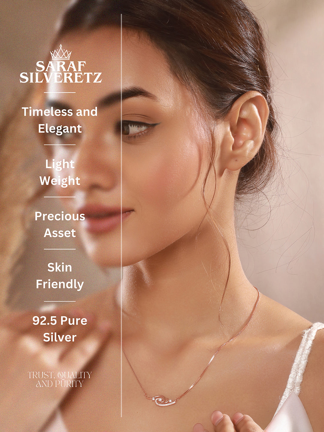 925 Sterling Silver Rose Gold Plated Zircon Studded Floral Rich Pendant Necklace & Chain