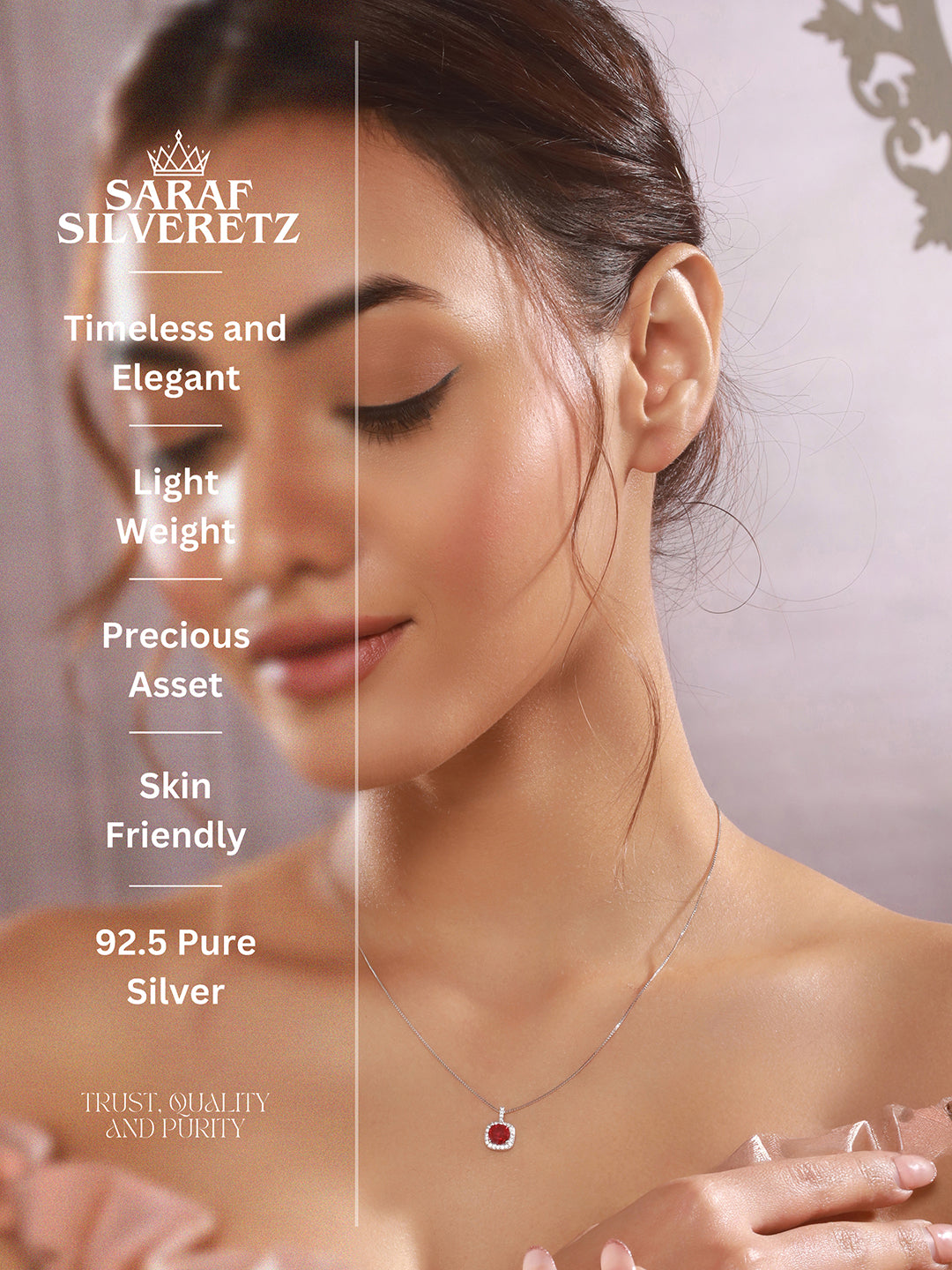 925 Sterling Silver Ruby Red Zircon Square Halo Love Pendant Necklace & Chain