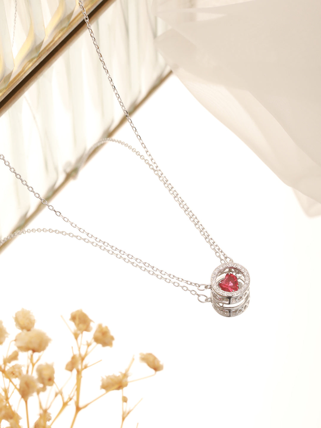 925 Sterling Silver Red Ruby Zircon Embedded Heart Pendant Necklace & Chain