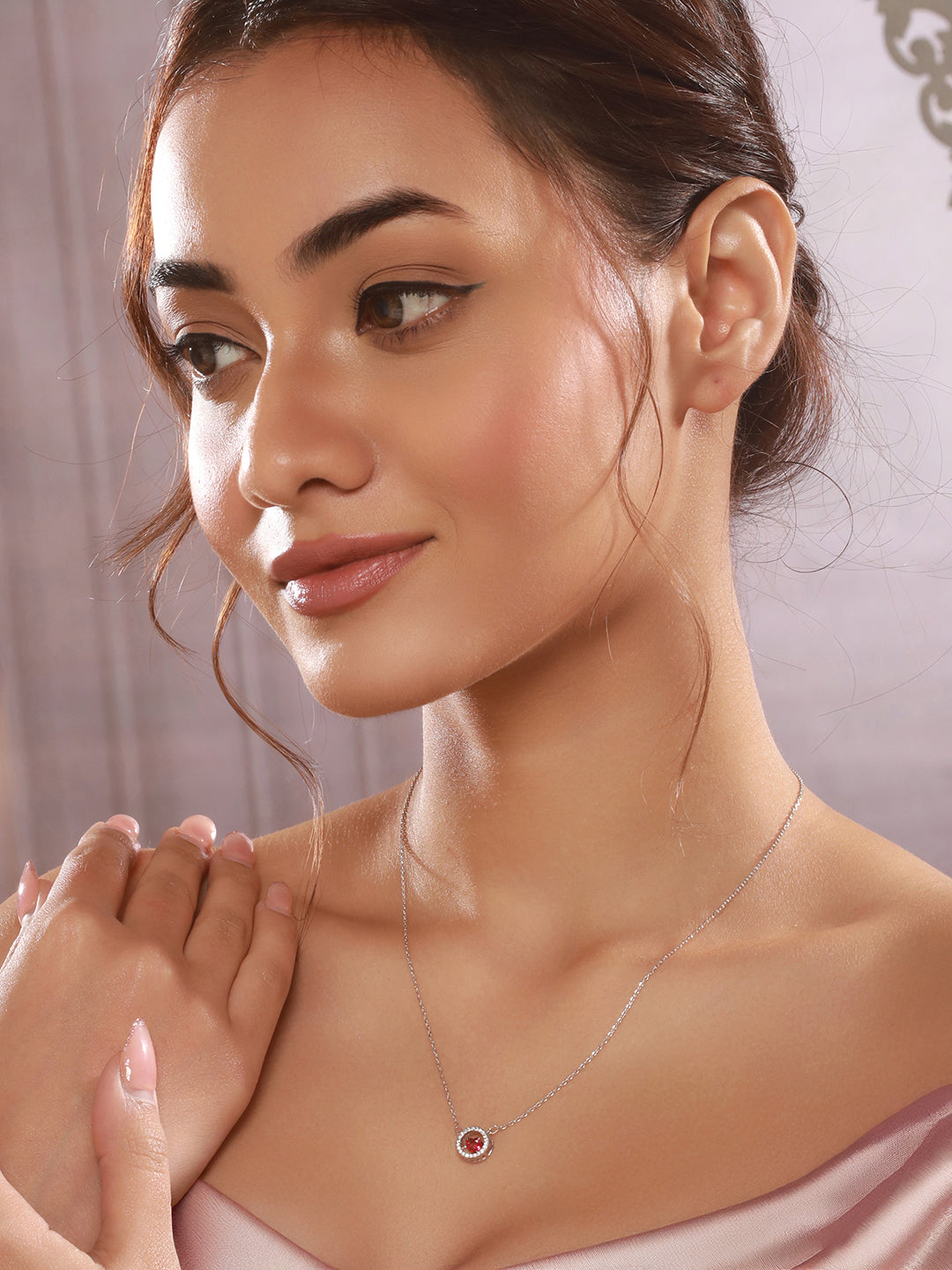 925 Sterling Silver Red Ruby Zircon Embedded Heart Pendant Necklace & Chain