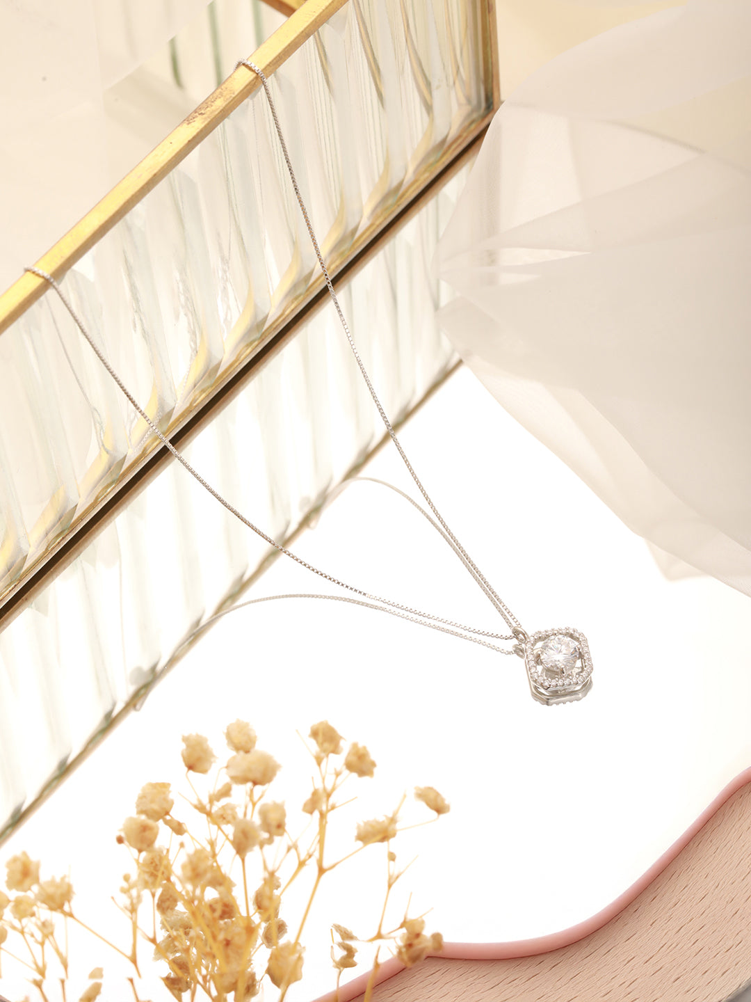 925 Sterling Silver Zircon Square  Halo Solitaire Minimal Pendant Necklace & Chain