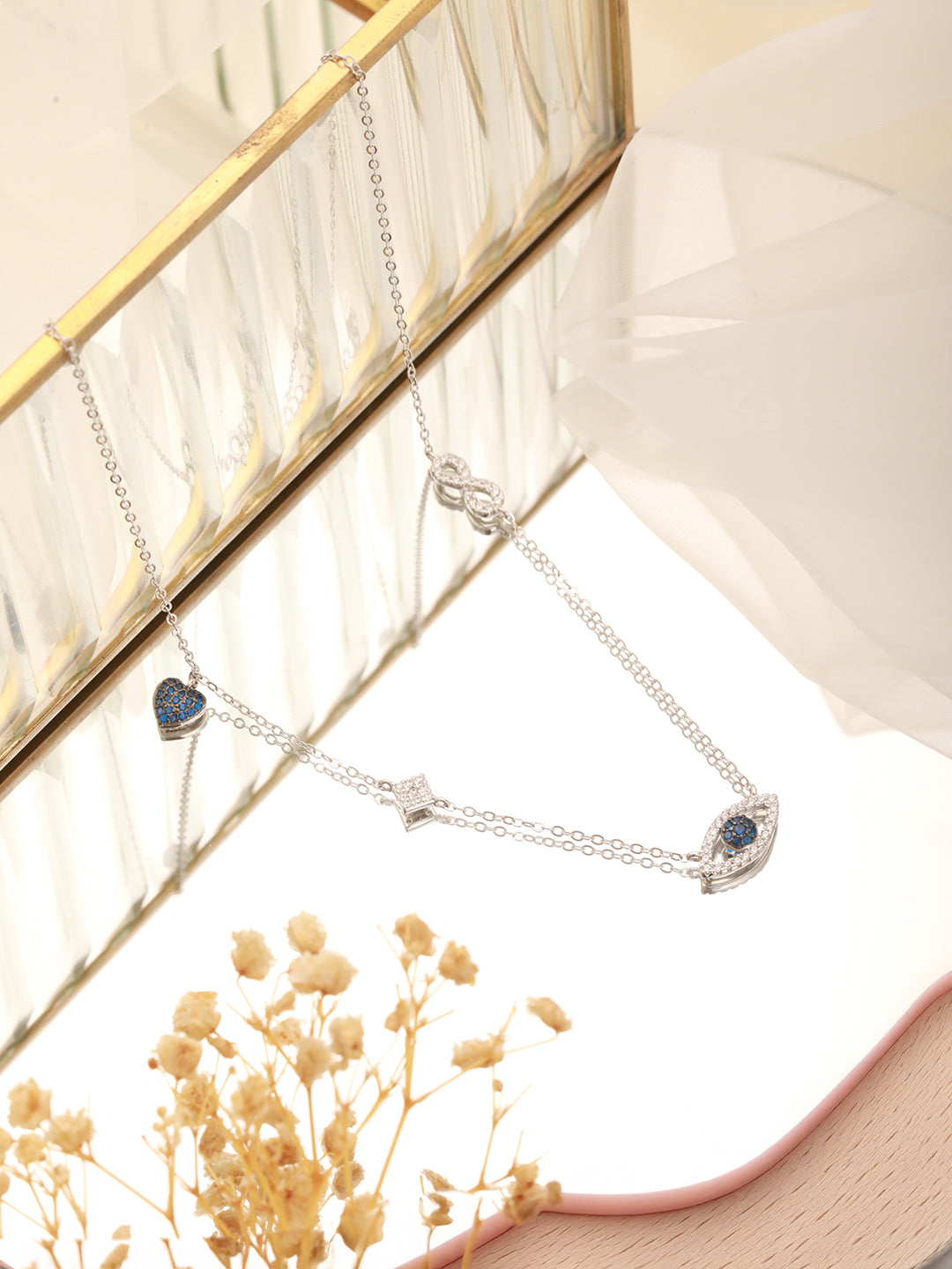 925 Sterling Silver Turkish Blue Evil Eye With heart Charms Statement Protection Pendant Necklace & Chain