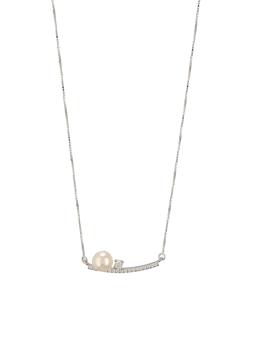 925 Sterling Silver Rhodium Plated Silver Bar Pearl Pendant Necklace & Chain