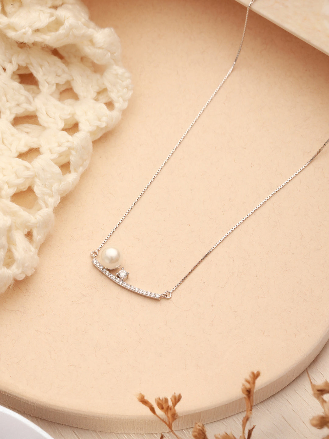 925 Sterling Silver Rhodium Plated Silver Bar Pearl Pendant Necklace & Chain