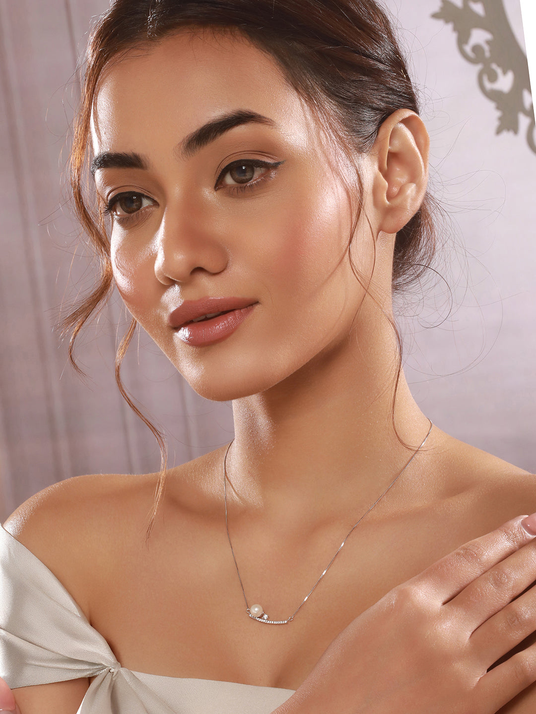 925 Sterling Silver Rhodium Plated Silver Bar Pearl Pendant Necklace & Chain