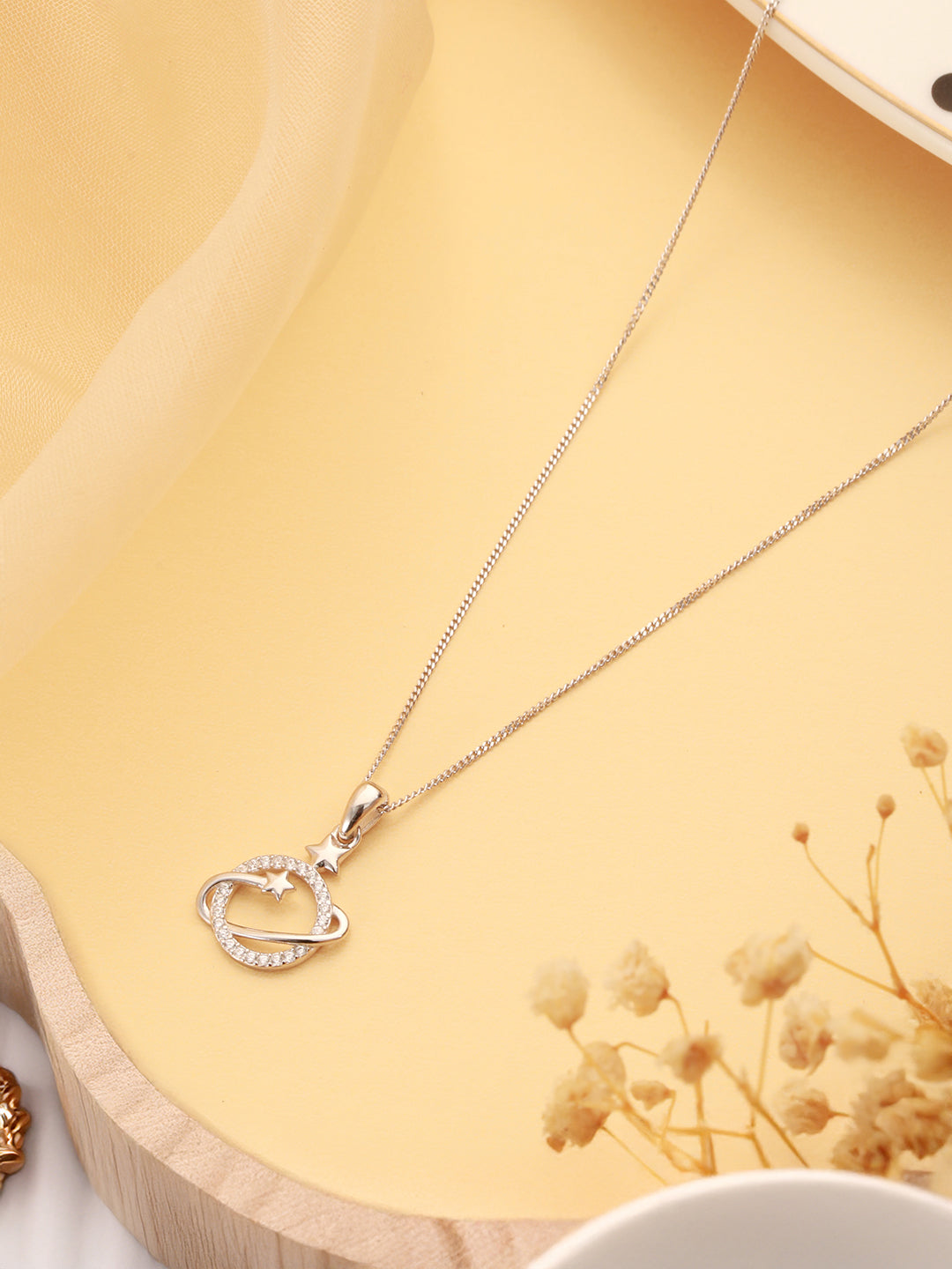 925 Sterling Silver CZ Studded Delicate Orbital Star Pendant necklace & Chain