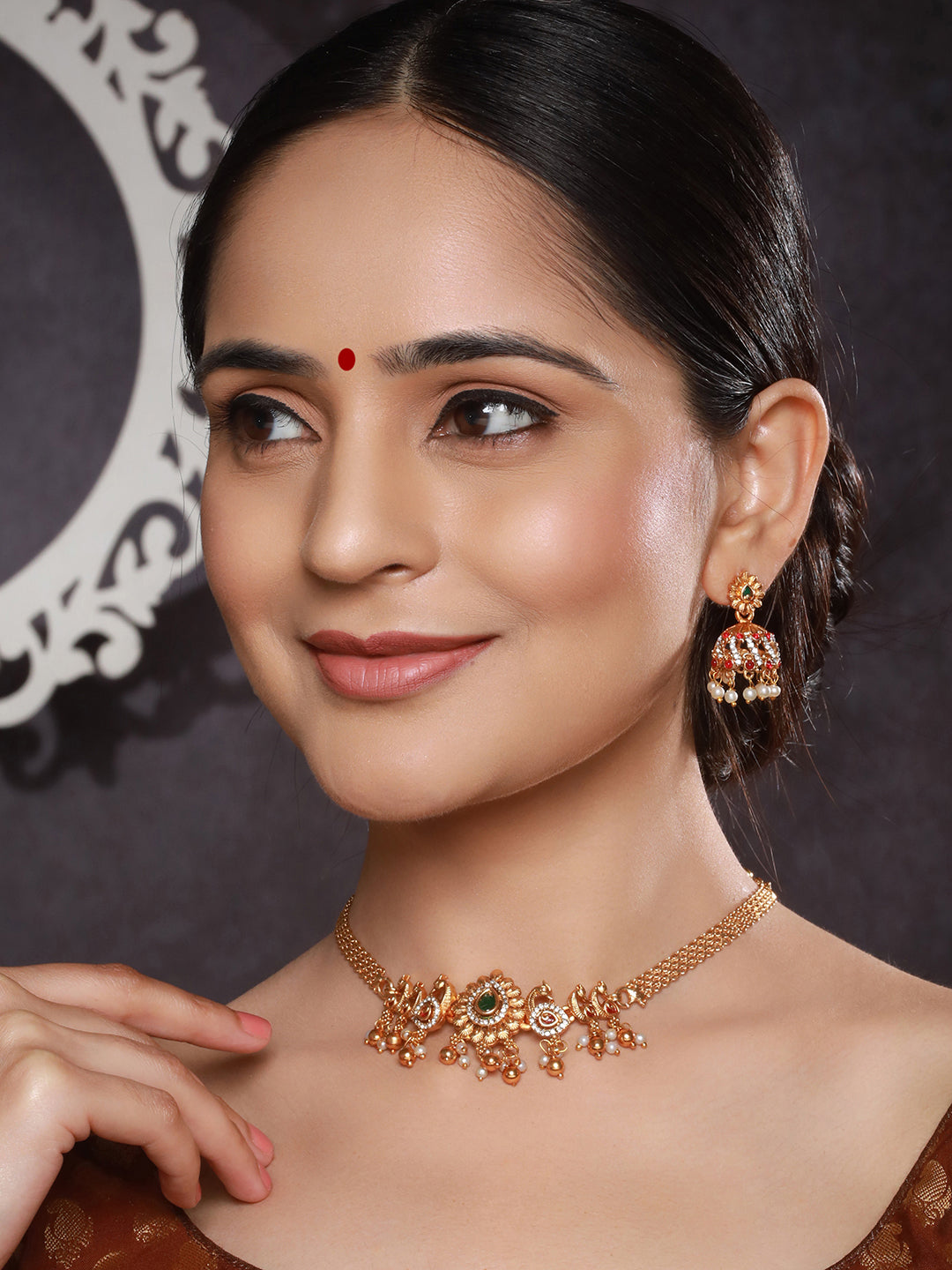 Gold Plated Green Kempo Studded Peacock Minimal Delicate Choker Jewellery Set