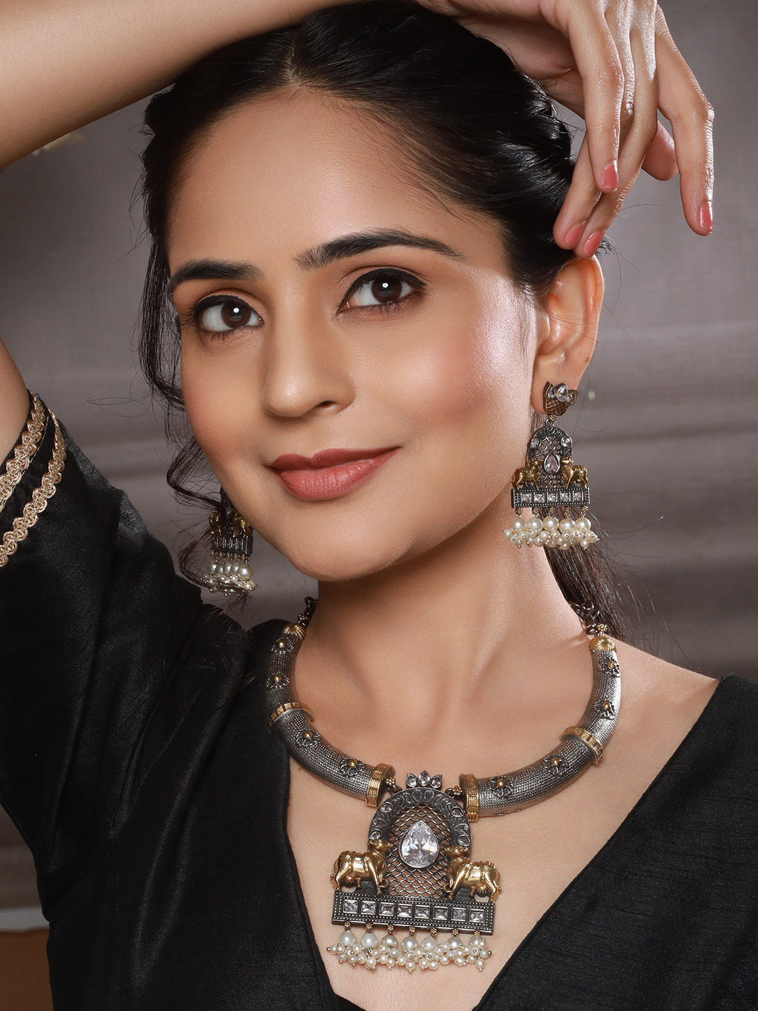 Dual Toned  Oxidised Silver Lookalike  Pearl Beaded Hasli Deer Motif Designer Jewellery Set